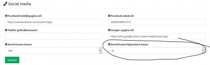social media bij producten weergeven