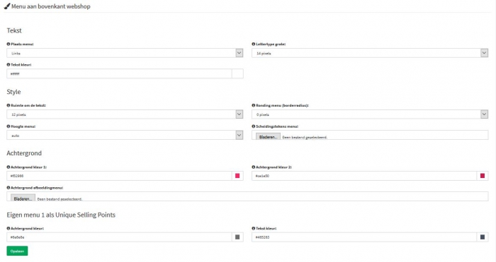 menu aan bovenkant webshop