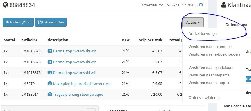 artikel toevoegen aan order