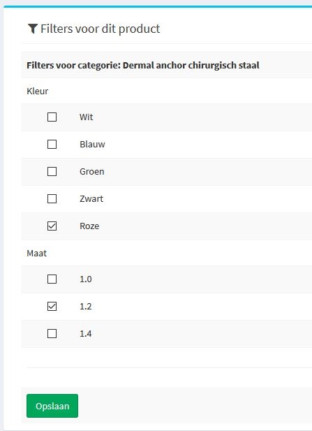 filters voor product zetten