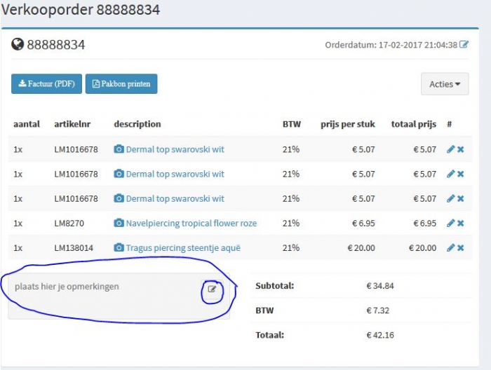 opmerkingen bij verkooporder