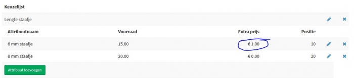 meerprijs extra aangegeven in overzicht