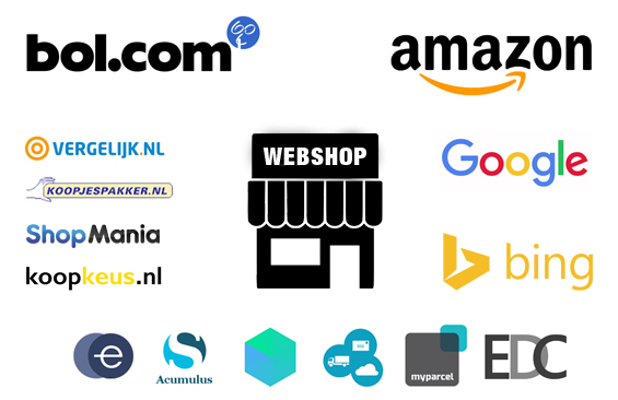 Webshop koppelingen met bol.com, amazon, e-boekhouden, acumulus, sendcloud, myparcel, bing en Google